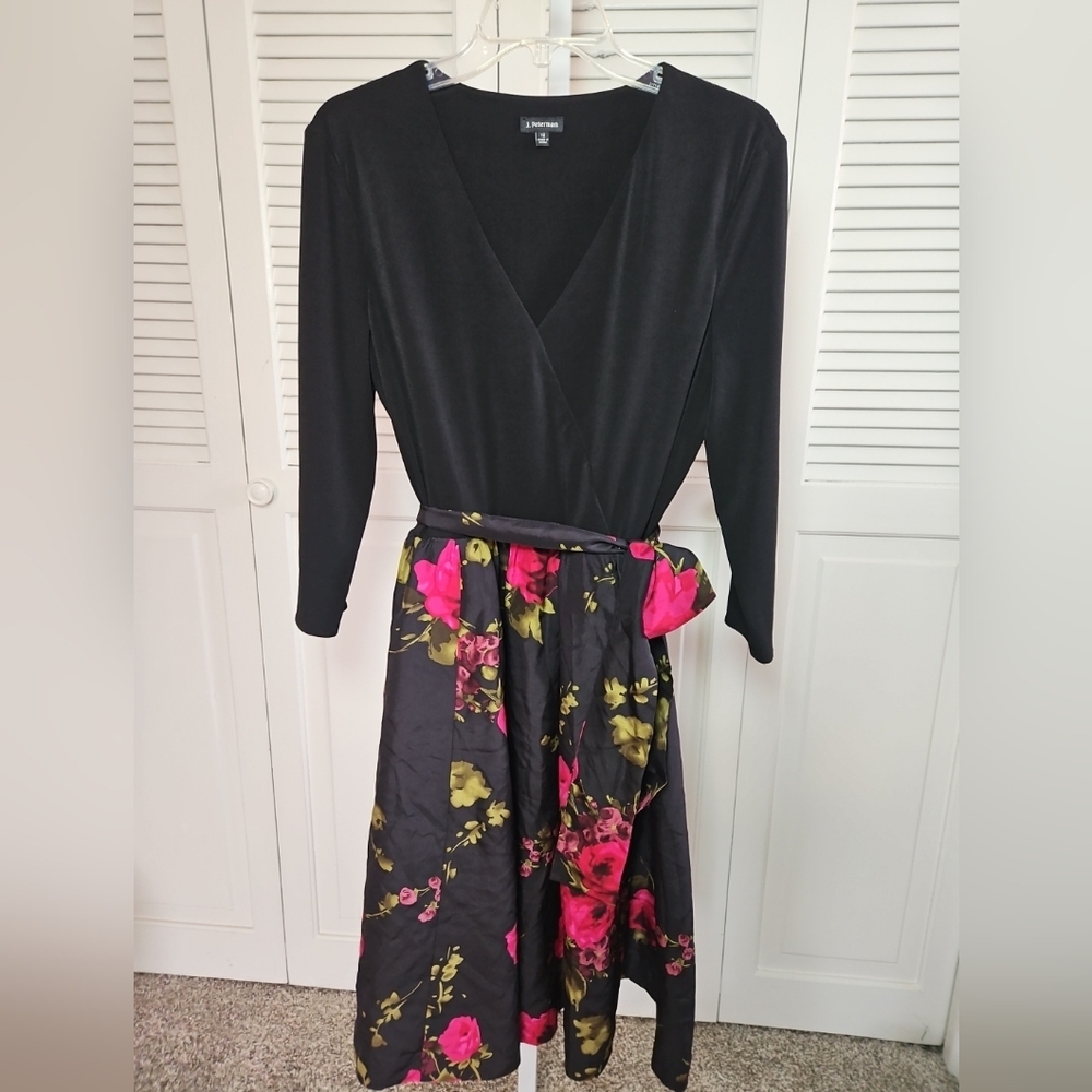 J Peterman Long Dress Pink & Black Floral Silk Spandex Size 12 Belted Lined